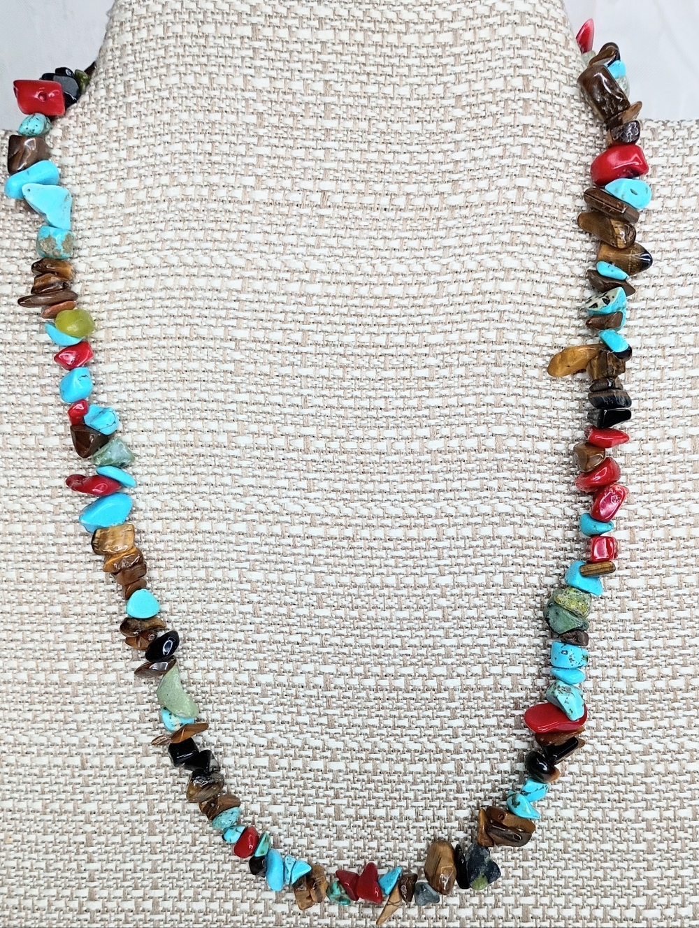 Multi-Stone Turquoise & Red Coral Chip Beaded Necklace